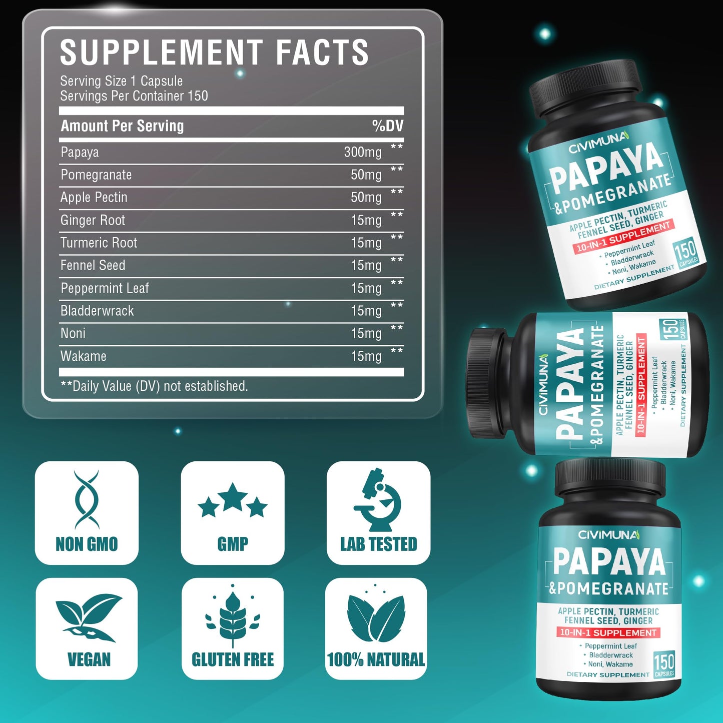 CIVIMUNA Papaya Capsules – 150 Capsules, 5 Months Supply | Papaya, Pomegranate & Apple Pectin