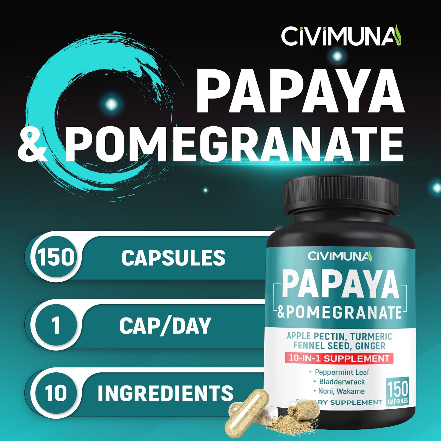 CIVIMUNA Papaya Capsules – 150 Capsules, 5 Months Supply | Papaya, Pomegranate & Apple Pectin