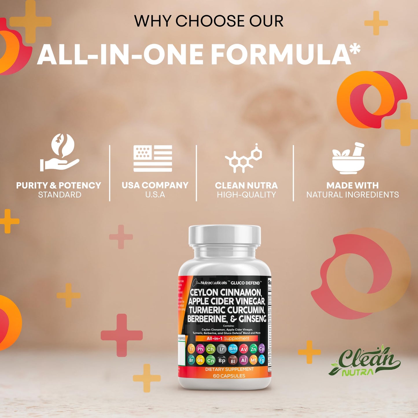 Clean Nutraceuticals Ceylon Cinnamon & Berberine Capsules with Apple Cider Vinegar – 16-in-1 Formula