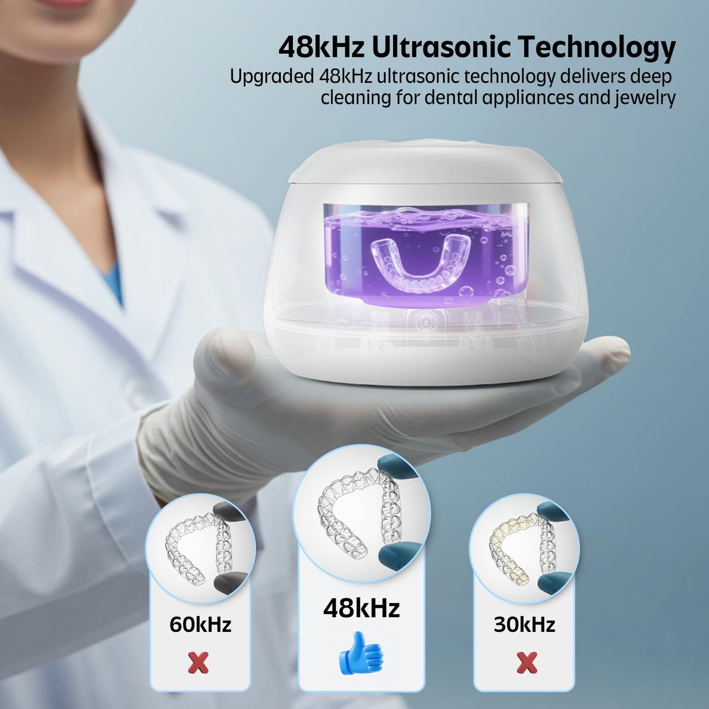 Ultrasonic Retainer Cleaner 48kHz – 200ML Cleaning Pod (White) for Dentures & Aligners