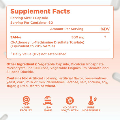 Clear Formulas Bioactive SAM-e 500mg – Mood & Liver Support (Vegan, Non-GMO, Made in USA)