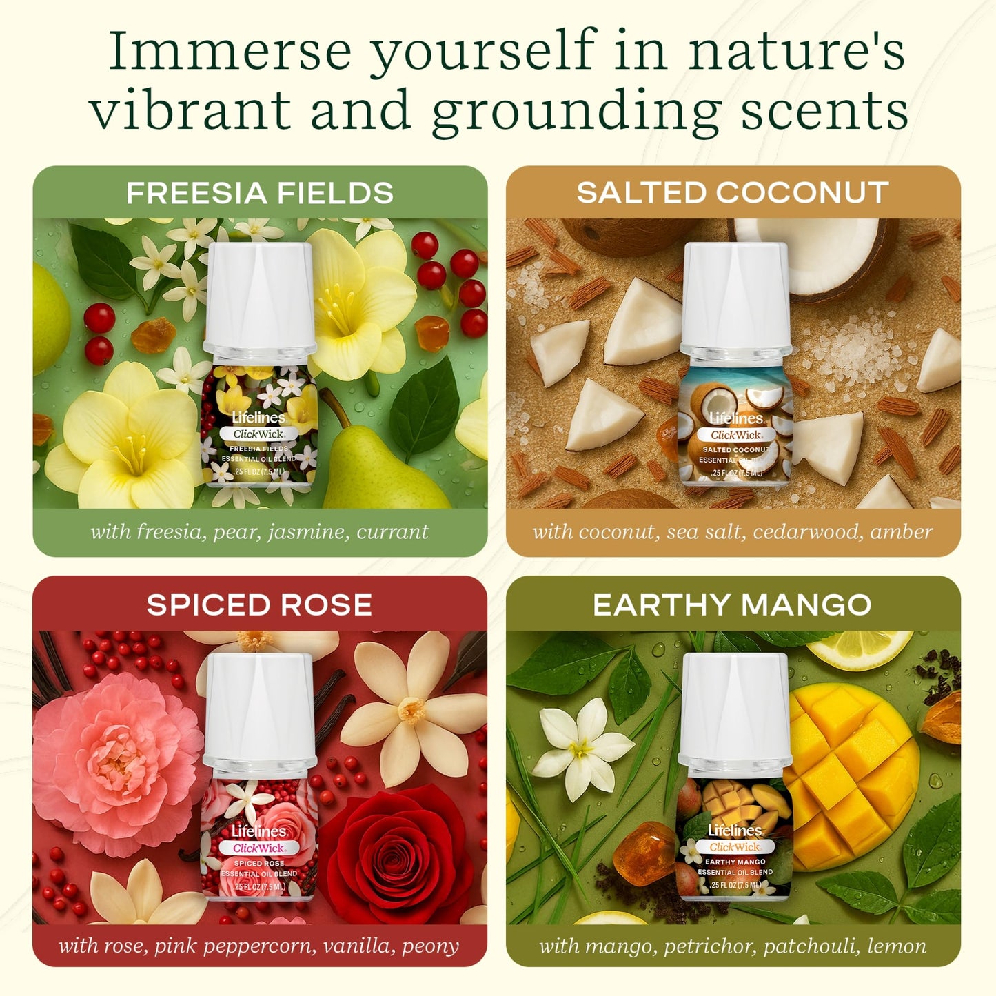 ClickWick Essential Oil Blends for Lifelines Diffusers - 4-Pack Lush Earth Collection