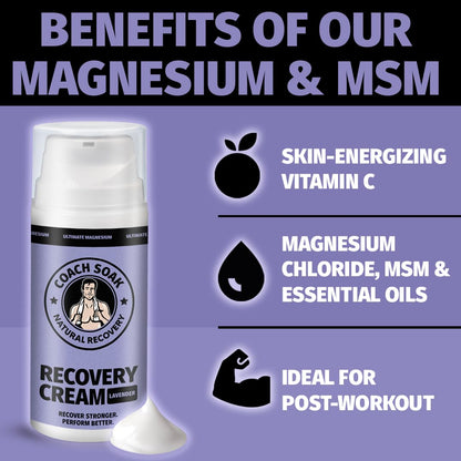 Coach Soak Magnesium Cream with MSM | Fast-Absorbing Lavender Recovery for Muscles & Joints (3.4oz)