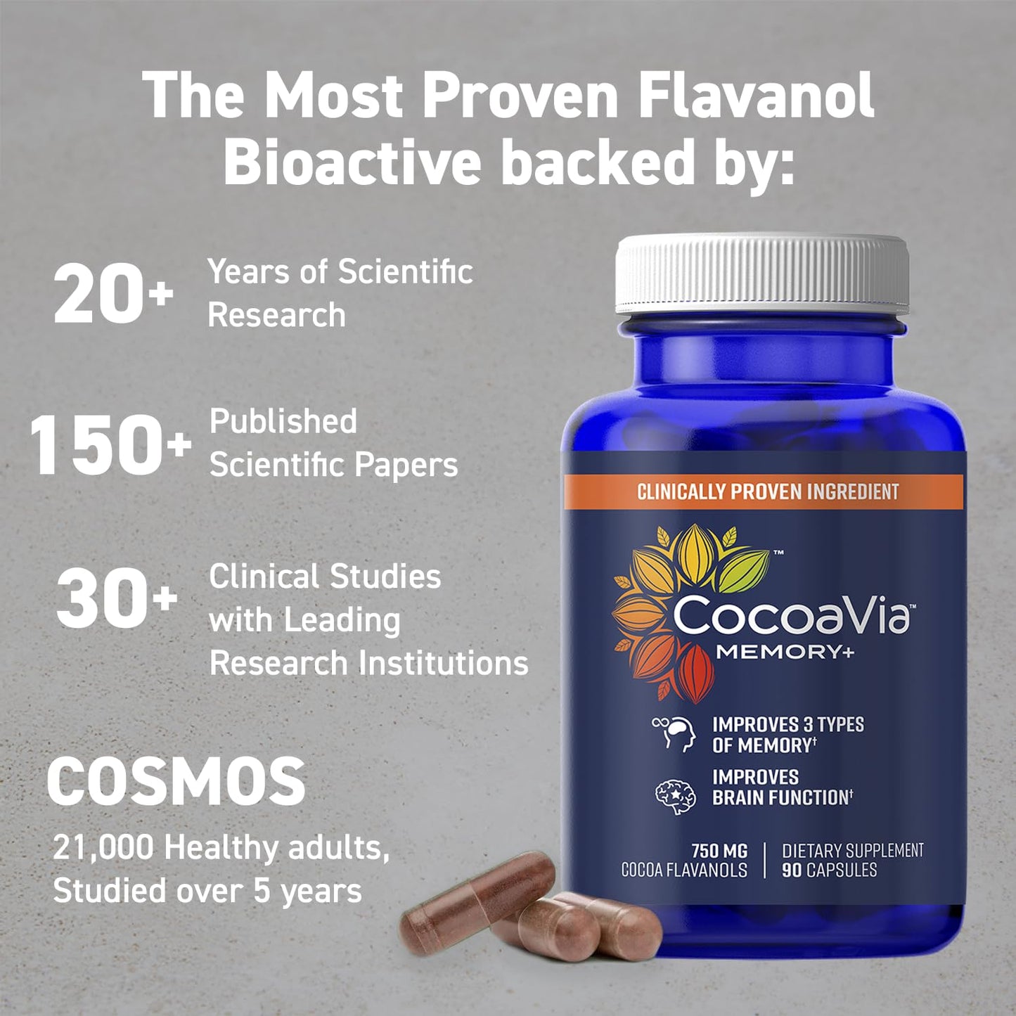 Memory+ Brain Supplement by CocoaVia | Clinically Proven 750 mg Cocoa Flavanols, Sugar Free, Vegan, 60-Day Supply