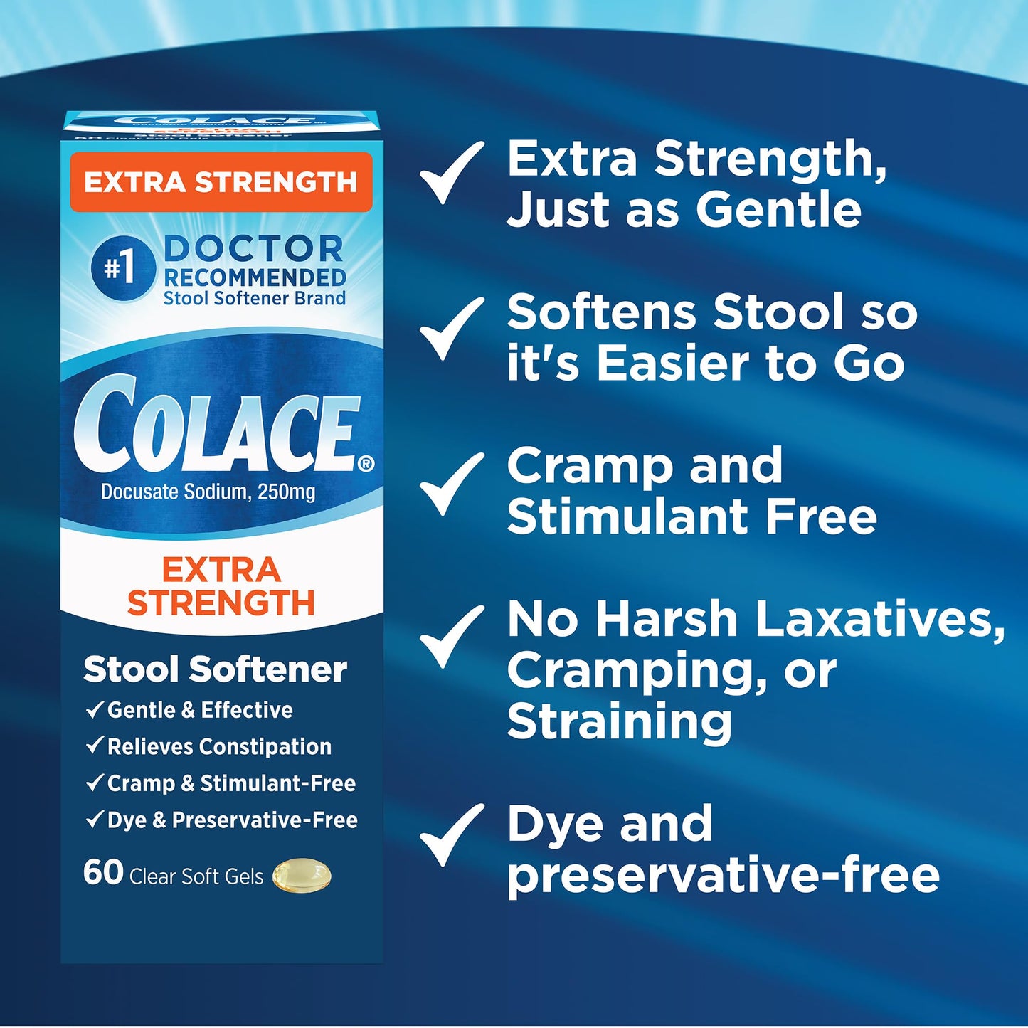 Colace Extra Strength Stool Softener – Gentle Relief, 250 mg, 60 Softgels