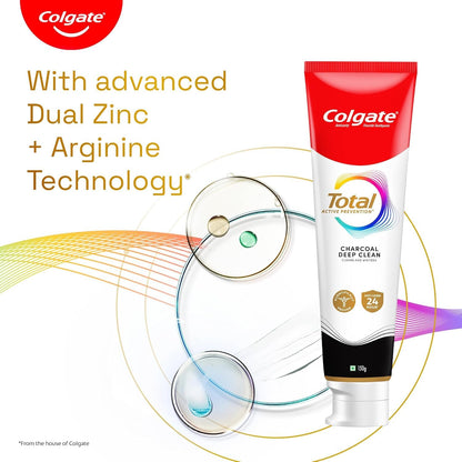 Colgate Total Charcoal Toothpaste Saver Pack – 2x150 g/5.2 oz – Anti-Cavity, Plaque Control + 2 Free Toothbrushes