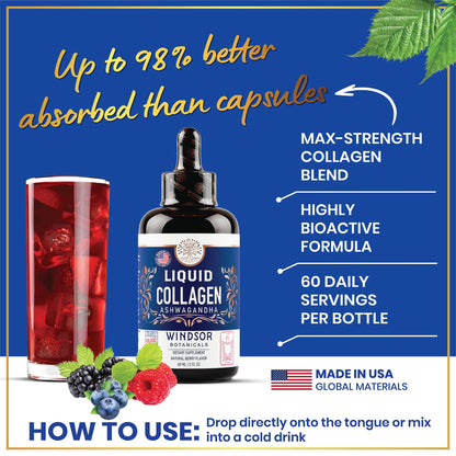 Liquid Collagen Drops with Ashwagandha & L-Theanine – 100,000 mcg, Hair, Skin & Nails, Mood & Energy – 2oz (60 Servings)
