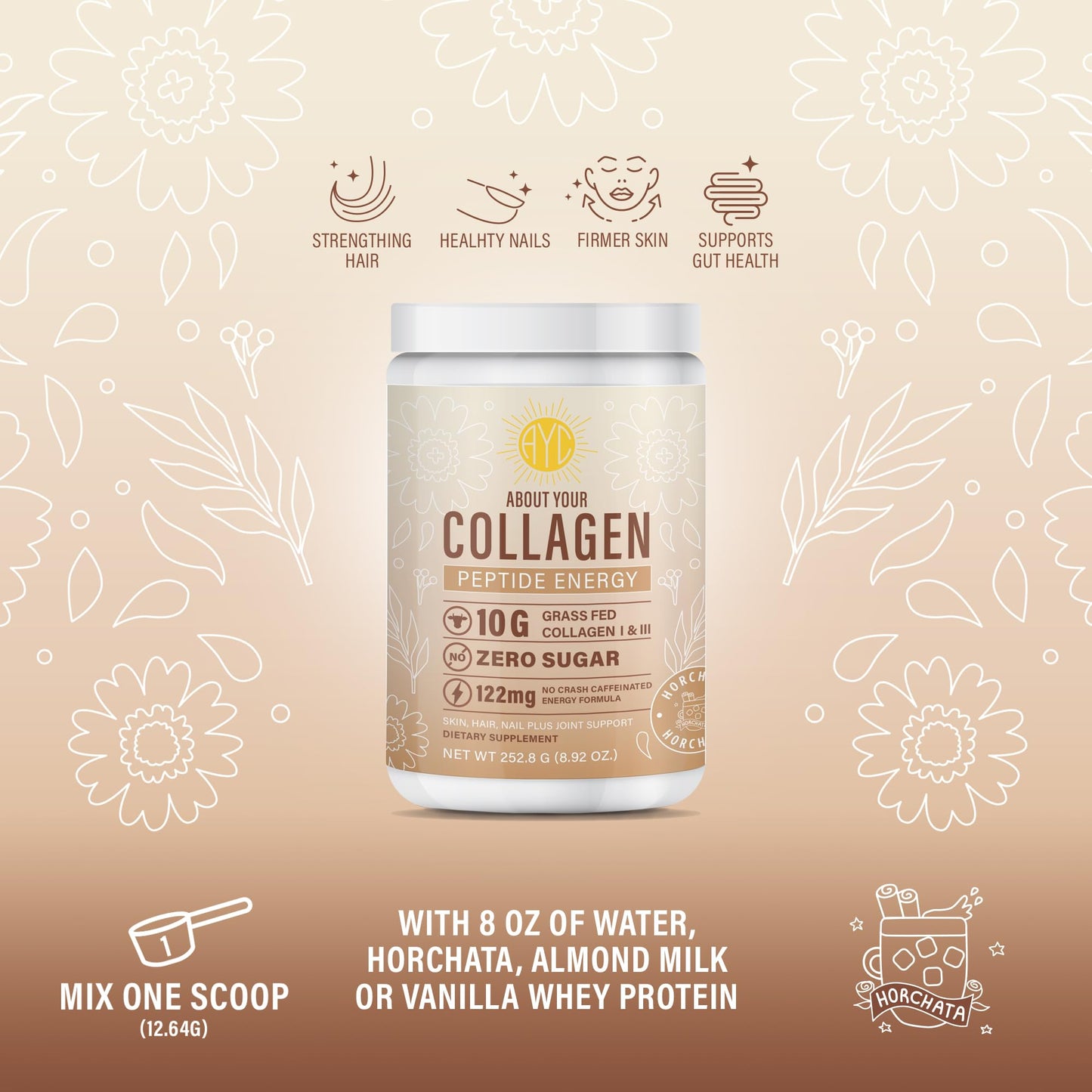 Collagen Peptide Energy Powder – Hair, Skin & Nails | Type I & III | Horchata 8.92 oz