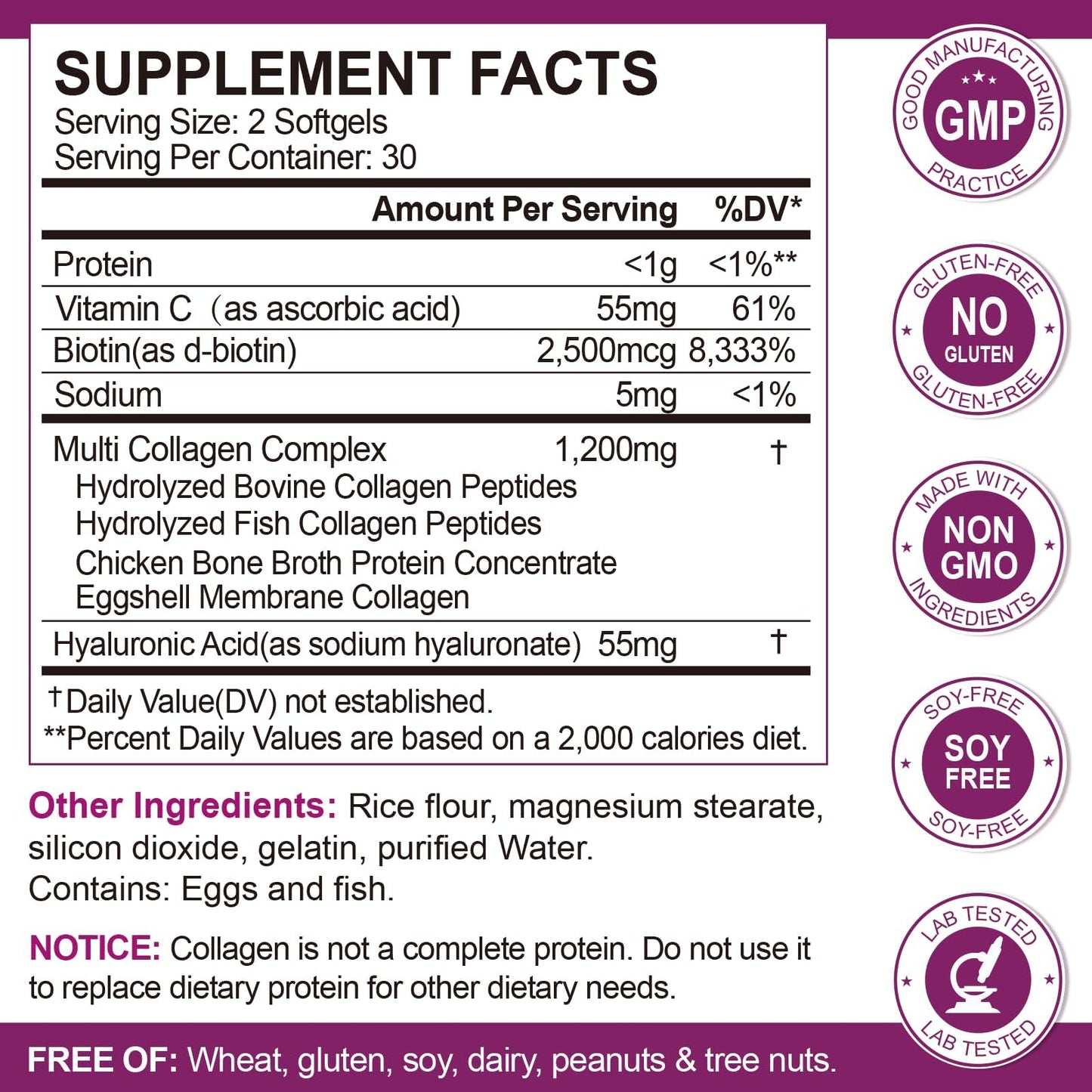 Multi Collagen Peptides Softgels – Types I, II, III, V, X – Biotin, Vitamin C & Hyaluronic Acid – Skin, Hair, Nails & Joints – Non-GMO, 60 Softgels