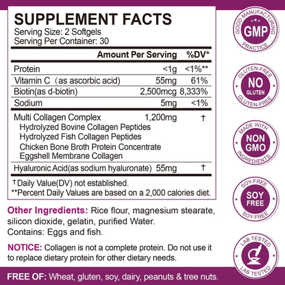 Multi Collagen Peptides Softgels – Types I, II, III, V, X – Biotin, Vitamin C & Hyaluronic Acid – Skin, Hair, Nails & Joints – Non-GMO, 60 Softgels