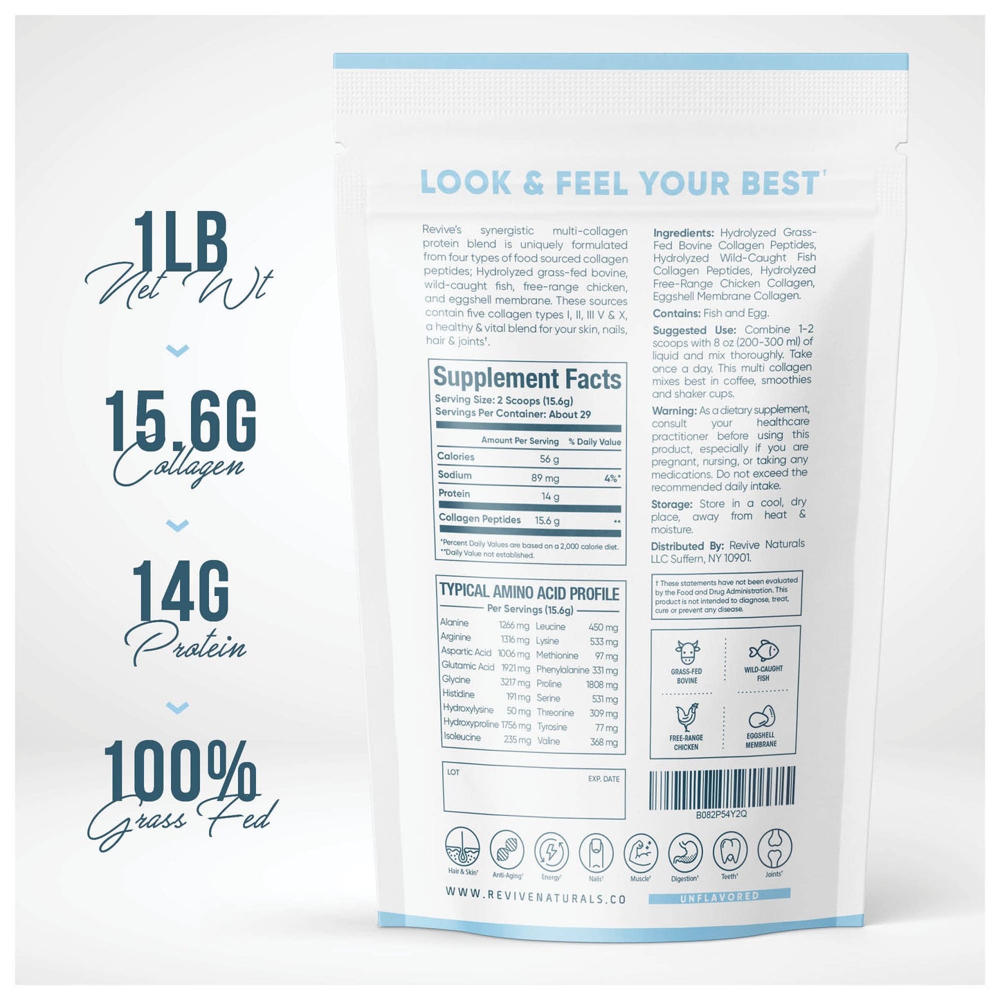 Multi Collagen Protein Powder (16oz) - Five Types I-X | Grass-Fed Bovine, Marine, Chicken & Eggshell