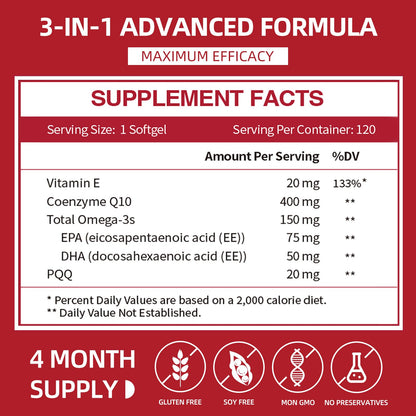 CoQ10-400mg Softgels with PQQ & Omega-3 – Maximum Absorption CoQ10 for Heart Health & Energy Production | 120 Count | Non-GMO