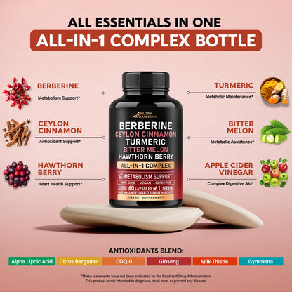 Berberine with Ceylon Cinnamon | Gymnema Extract | Apple Cider Vinegar | Hawthorn Berry | Citrus Bergamot | Bitter Melon - 15-in-1 Supplement for Heart Support, Metabolism & Energy - Vegan 60 Capsules