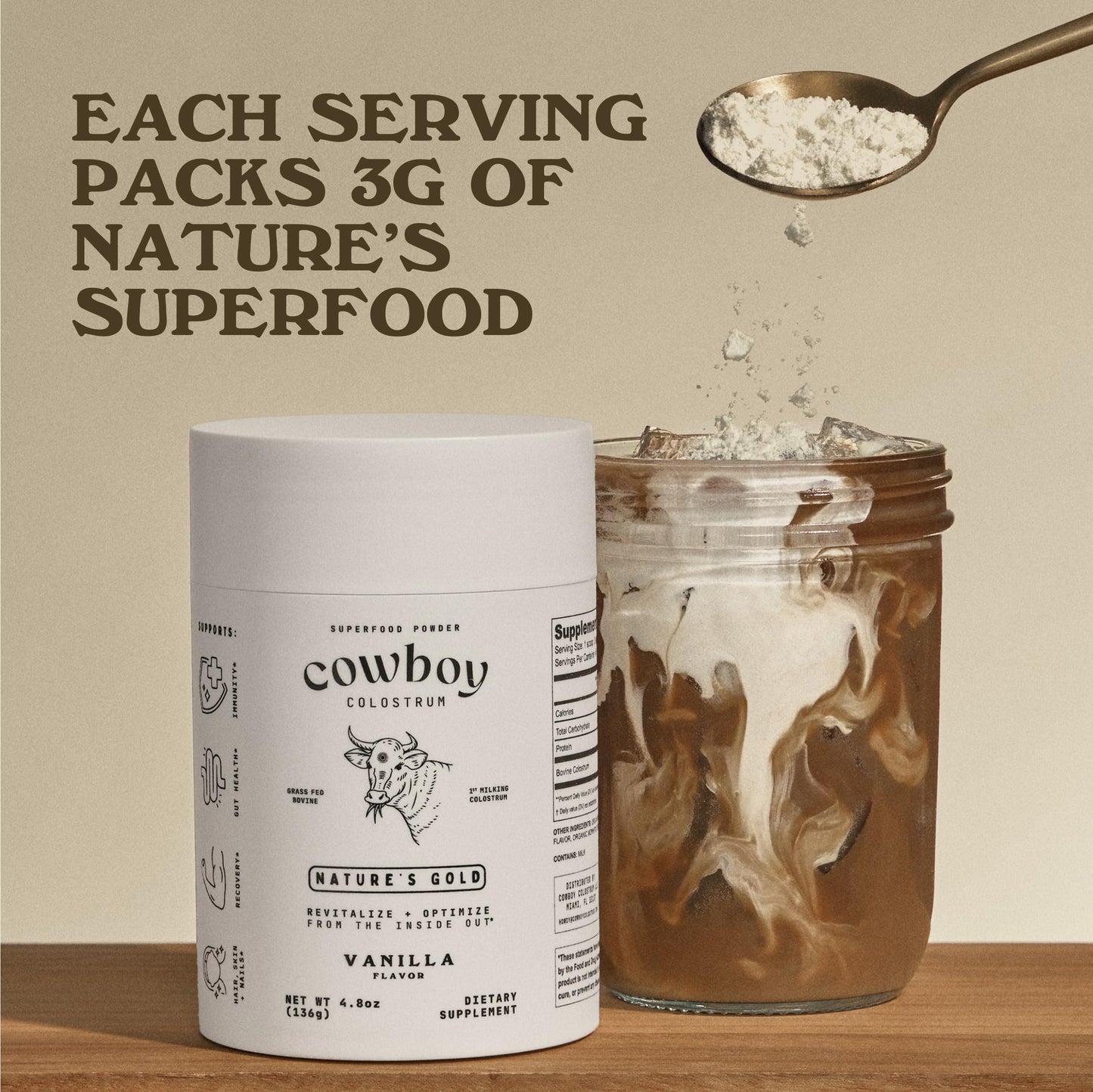 Cowboy Colostrum Powder – Grass-Fed Bovine Colostrum for Gut Health, Immunity, Skin & Hair (Vanilla, 40 Servings)