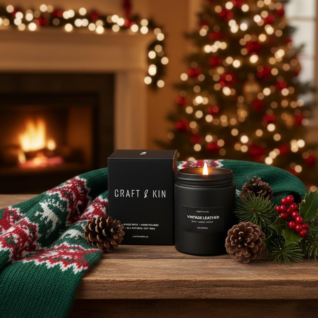 Craft & Kin Premium Vintage Leather Candle | Black Christmas Scent for Men | 7.6oz Soy Candle, 45-Hour Burn Time
