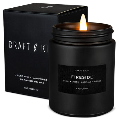 Craft & Kin Premium Smokey Fireside Candle | Scented Candles for Men | Wood Wick | 7.6oz