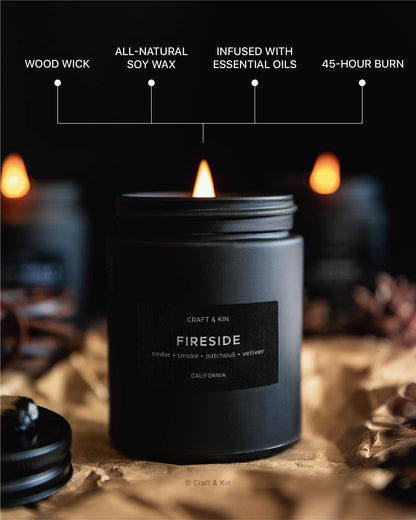 Craft & Kin Premium Smokey Fireside Candle | Scented Candles for Men | Wood Wick | 7.6oz