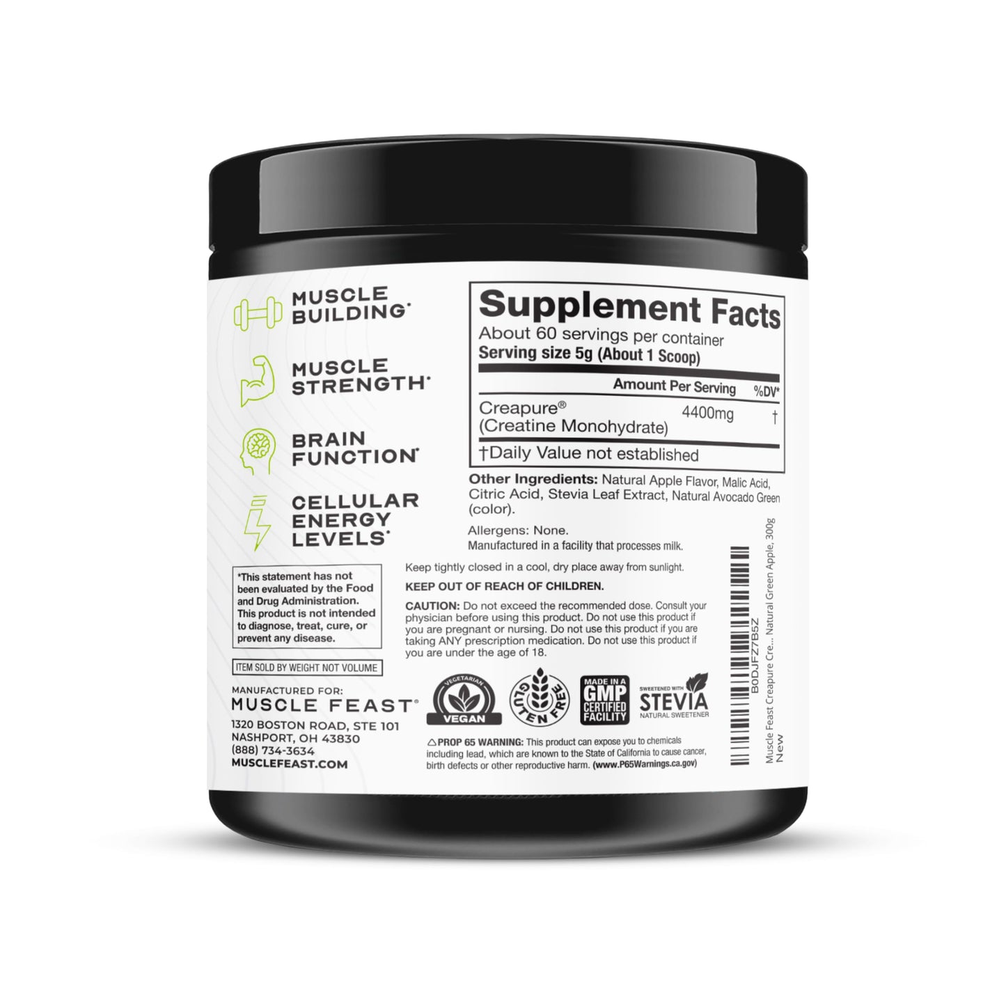 Muscle Feast Creapure Creatine Monohydrate Powder – Vegan, Gluten-Free, Easy to Mix, Green Apple 300g