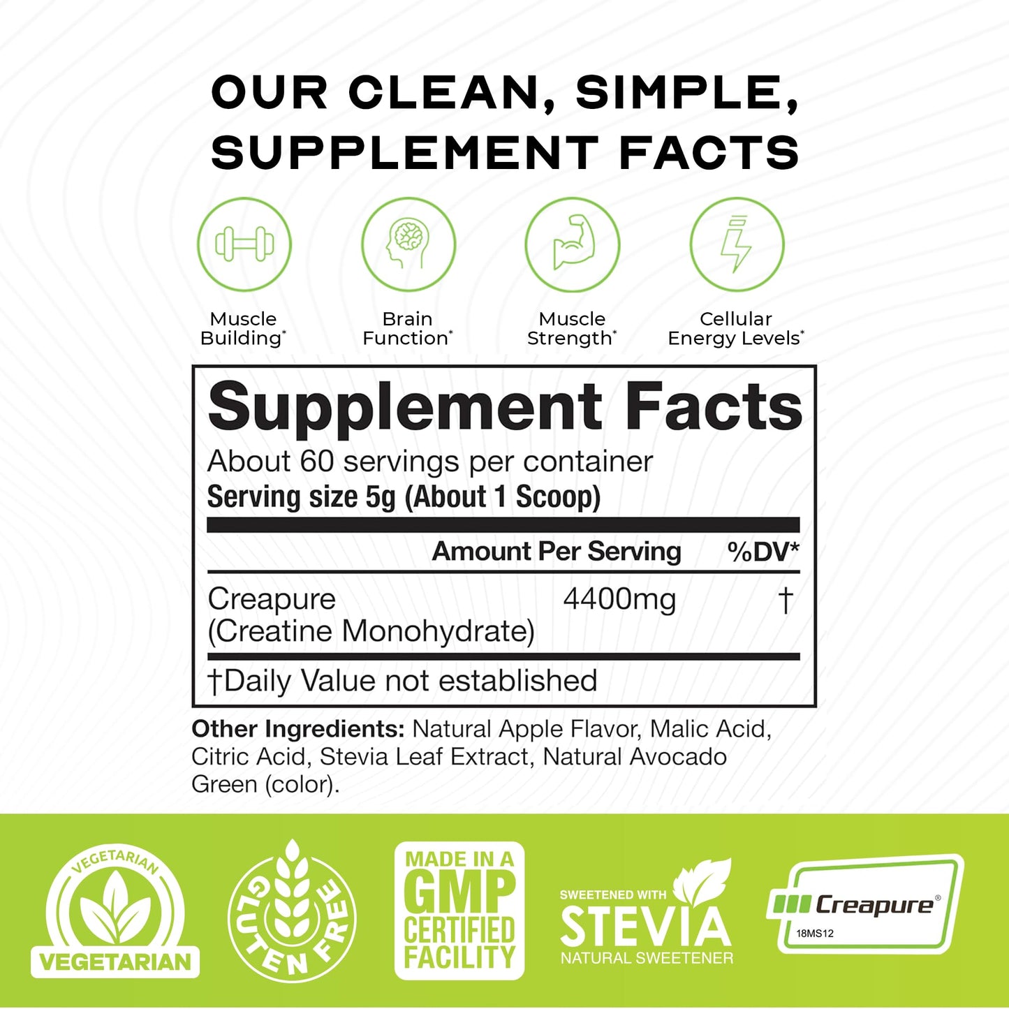 Muscle Feast Creapure Creatine Monohydrate Powder – Vegan, Gluten-Free, Easy to Mix, Green Apple 300g