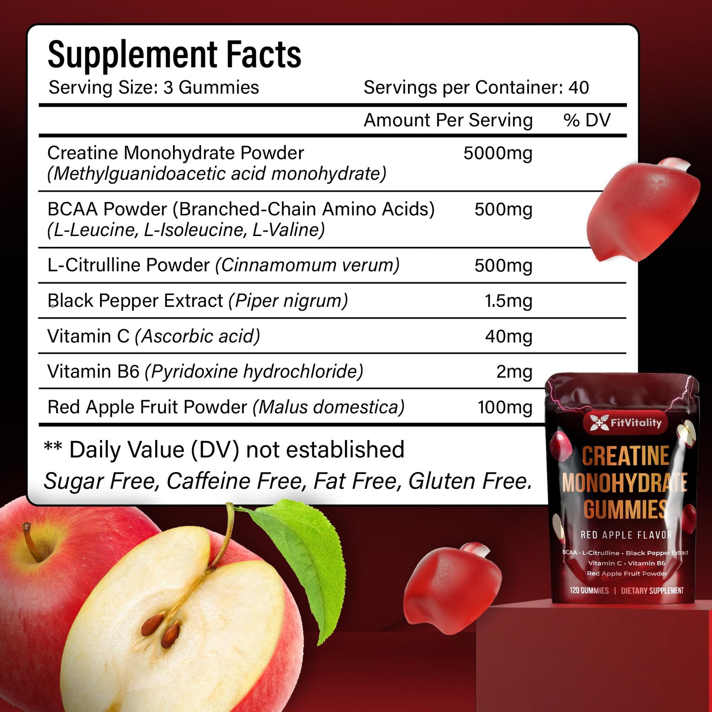 FitVitality Premium 120 Creatine Gummies – Creatine Monhydrate, Vitamin C & B6, Vegan, Non-GMO, Sugar-Free, Red Apple