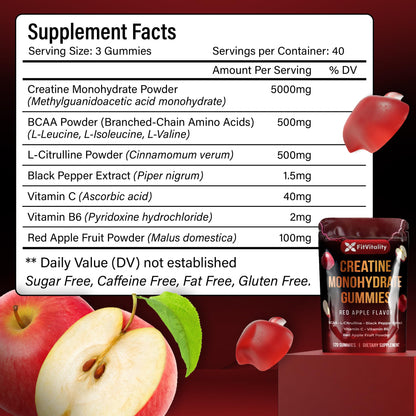 FitVitality Premium 120 Creatine Gummies – Creatine Monhydrate, Vitamin C & B6, Vegan, Non-GMO, Sugar-Free, Red Apple