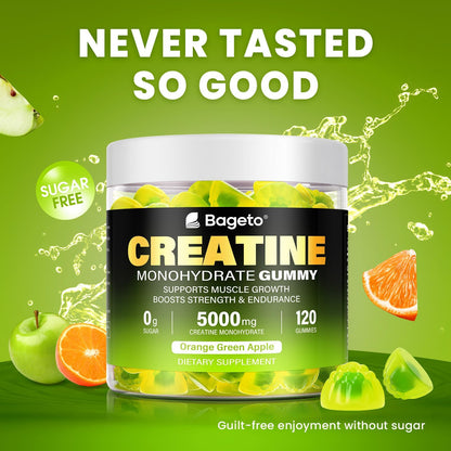 Creatine Monohydrate Gummies 5000mg – 120 Count for Men & Women | Sugar Free Pre-Workout (Orange & Green Apple)