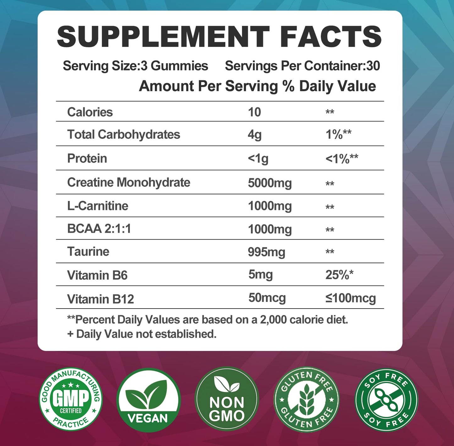 Creatine Monohydrate Gummies 8000mg with BCAA, L-Carnitine, Taurine & Vitamin B12 – Pre-Workout Supplement for Muscle Growth, 180 Count (Men & Women)