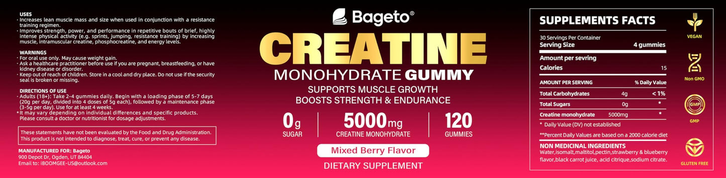 Creatine Monohydrate Gummies - 5g per Serving, Mixed Berry, Orange and Green Apple Flavor, 2-Pack