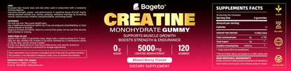 Creatine Monohydrate Gummies - 5g per Serving, Mixed Berry, Orange and Green Apple Flavor, 2-Pack