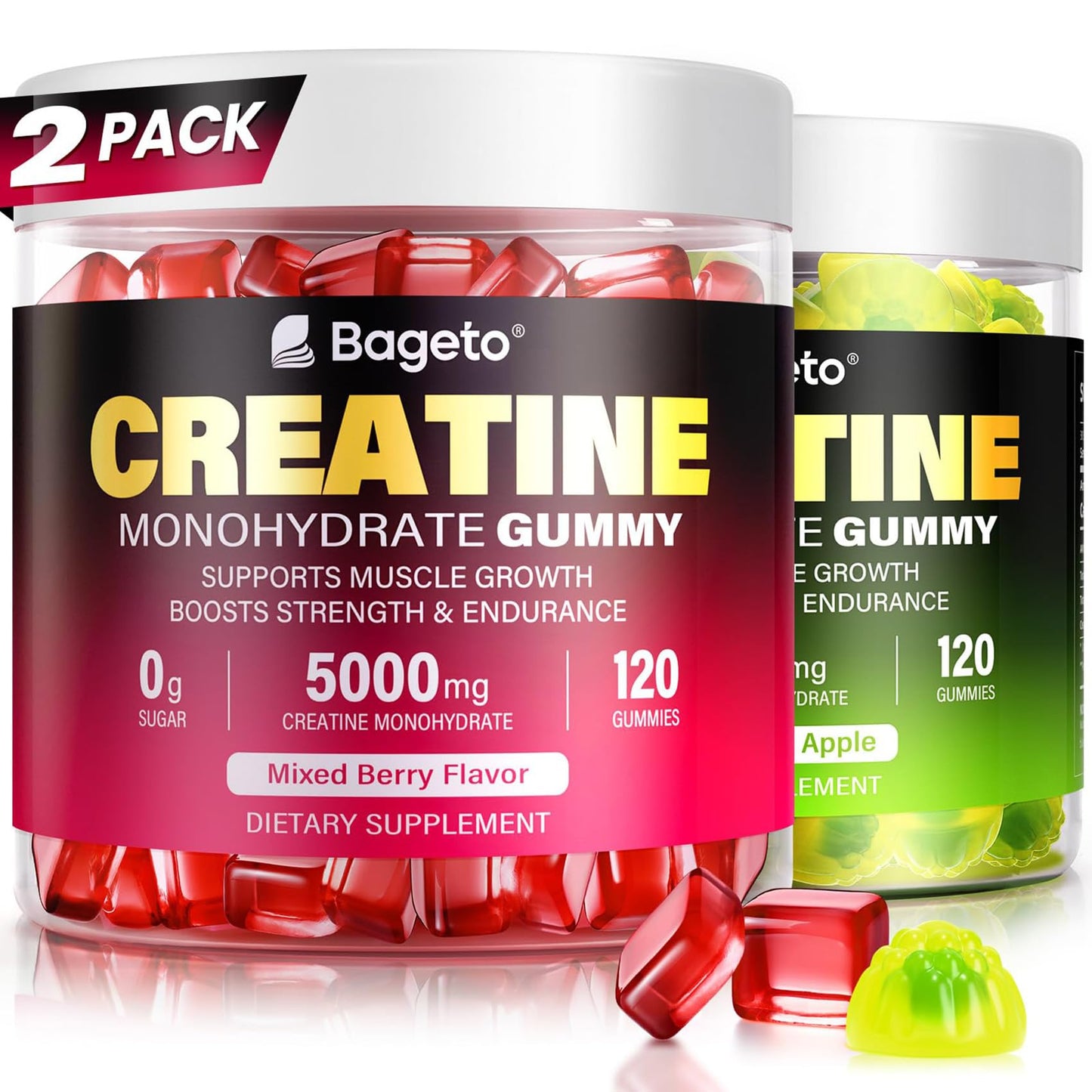 Creatine Monohydrate Gummies - 5g per Serving, Mixed Berry, Orange and Green Apple Flavor, 2-Pack
