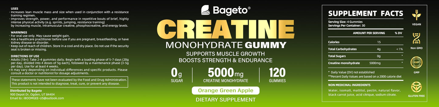 Creatine Monohydrate Gummies - 5g per Serving, Mixed Berry, Orange and Green Apple Flavor, 2-Pack