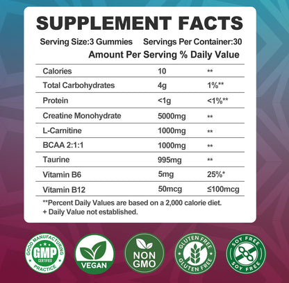Creatine Monohydrate Gummies 8000mg – BCAA, L-Carnitine & B12 – Raspberry Pre-Workout (180 Count)