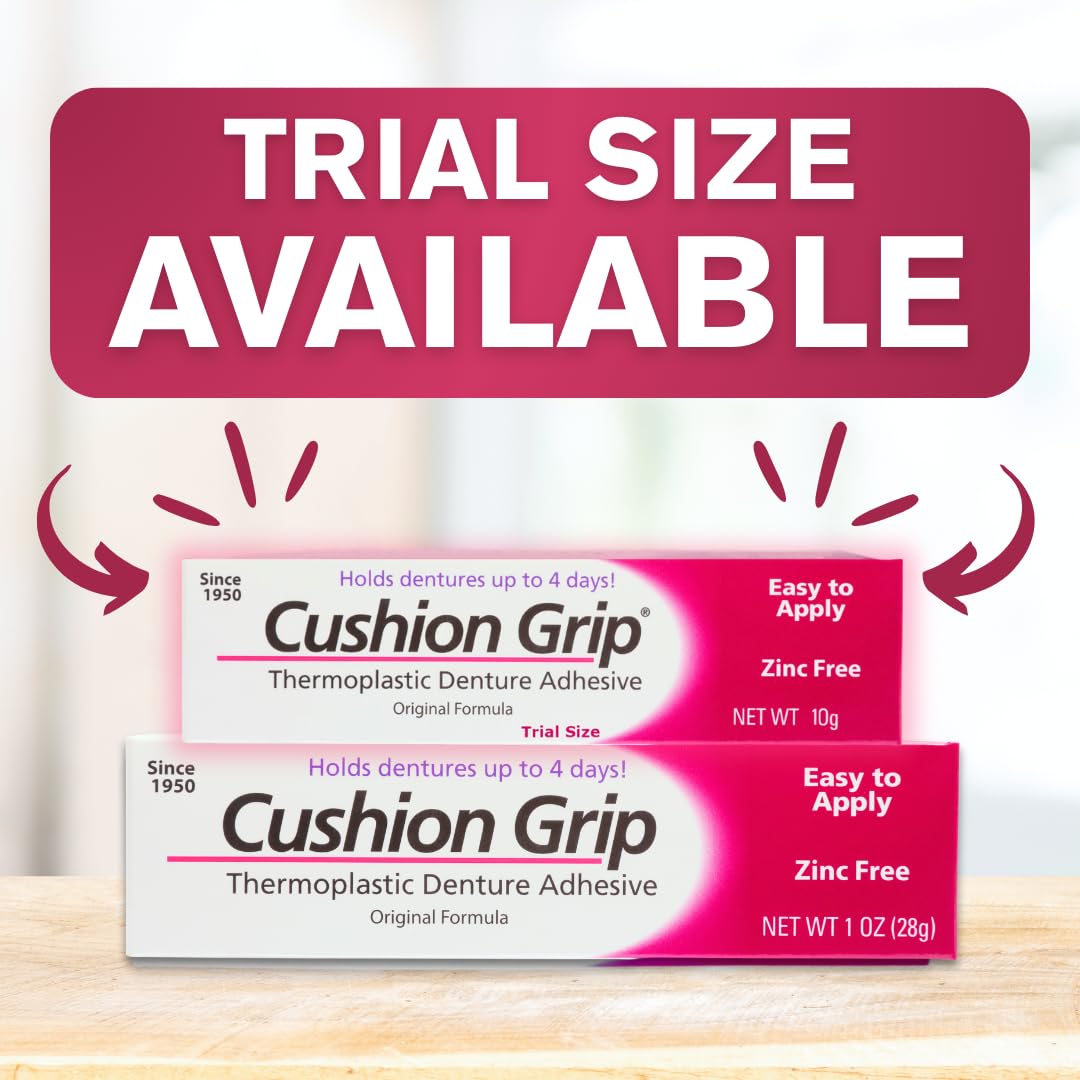 Cushion Grip Denture Adhesive 0.35 oz Travel Size (5-Pack) – Up to 4 Days, Zinc-Free, Waterproof