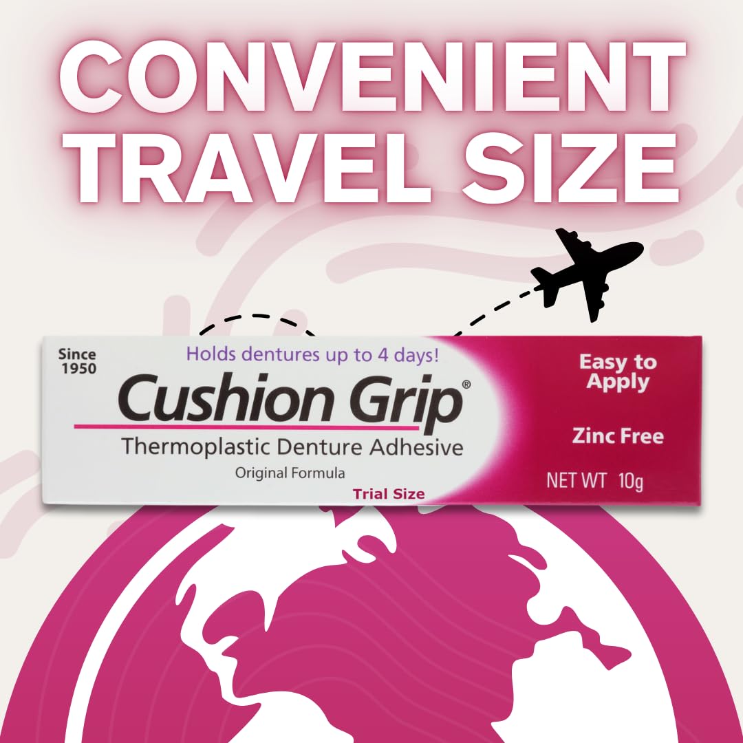 Cushion Grip Denture Adhesive 0.35 oz Travel Size (5-Pack) – Up to 4 Days, Zinc-Free, Waterproof