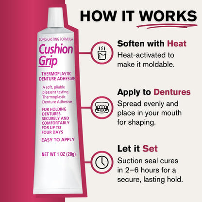 Cushion Grip Thermoplastic Denture Adhesive, 1 oz (Pack 3) | 4 Day Hold