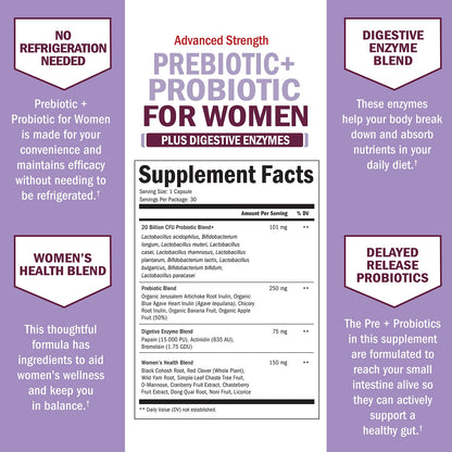 Prebiotics & Probiotics for Women – Gut, Vaginal & Immune Health Support with Black Cohosh & Red Clover (30 Count) | Whole Food Digestive Enzymes