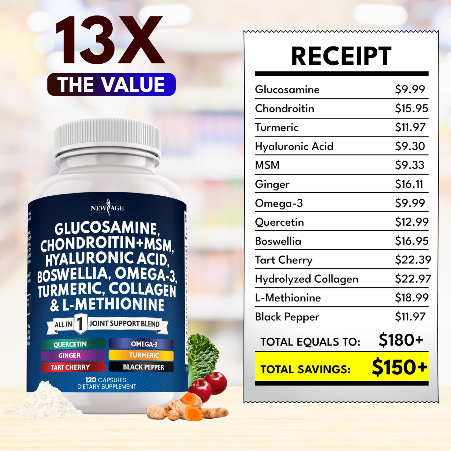 Glucosamine Chondroitin MSM, Turmeric Curcumin, Collagen, Hyaluronic Acid & Omega-3 – 240 Count