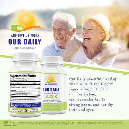 Daily Vites ADK Vitamin Supplement 5000 IU – 90 Caps (90 Day Supply) – High Potency A, D3 & K2-MK7 | Non-GMO, Gluten Free