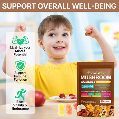 Lions Mane Mushroom Gummies Supplement Blend Organic Reishi, Cordyceps & More, Boosts Energy, Memory, Immunity - 80 Gummies (2)