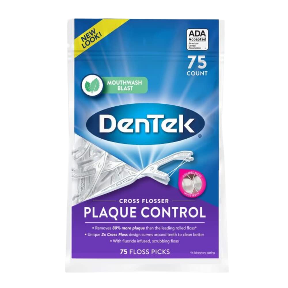 DenTek Cross Flosser Plaque Control Floss Picks – X-Shaped Floss, Fluoride, 75 Count (Pack of 2)