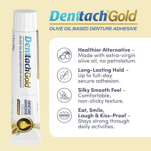 Denttach Gold Olive Oil Denture Adhesive – Zinc-Free, All-Day Hold (2.4 oz x3)