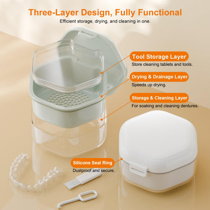 Denture Bath Case - Food-Grade Retainer Box, 3-Layer Seal, Travel White
