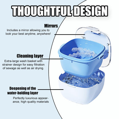 Large Capacity Denture Case with Brush & Mirror – Retainer Cleaning Box