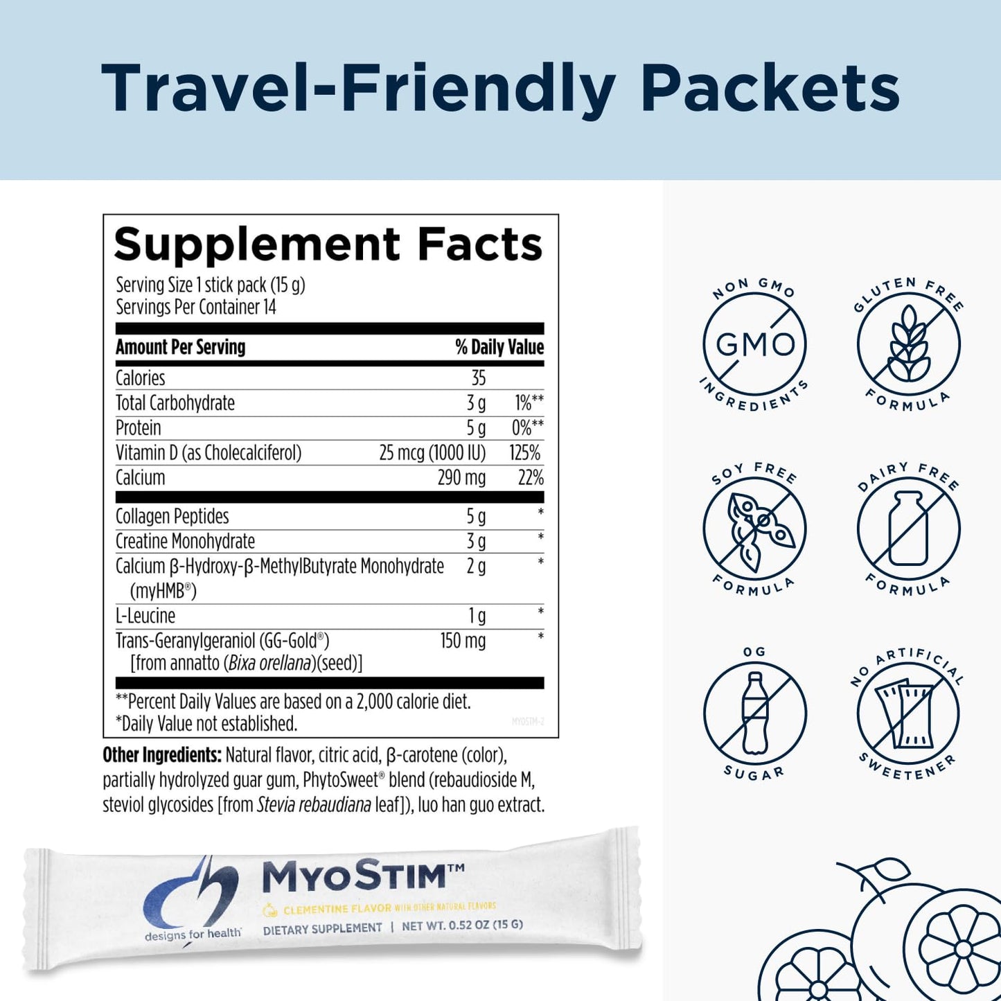 Designs for Health MyoStim - HMB + Collagen Peptides Powder with L-Leucine + Creatine | Clementine Flavor | 14 Stick Packs