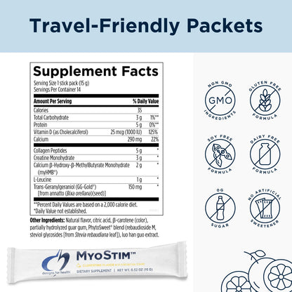 Designs for Health MyoStim - HMB + Collagen Peptides Powder with L-Leucine + Creatine | Clementine Flavor | 14 Stick Packs