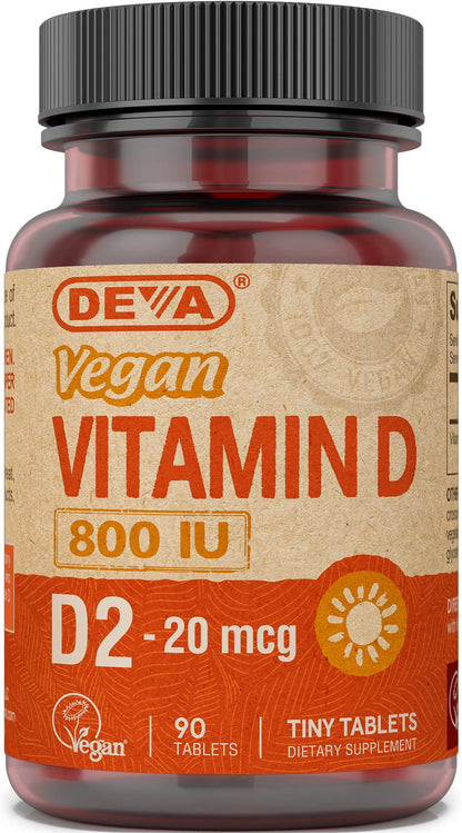 Deva Vegan Vitamin D2 800 IU – Vegan Ergocalciferol Supplement (90 Tablets)