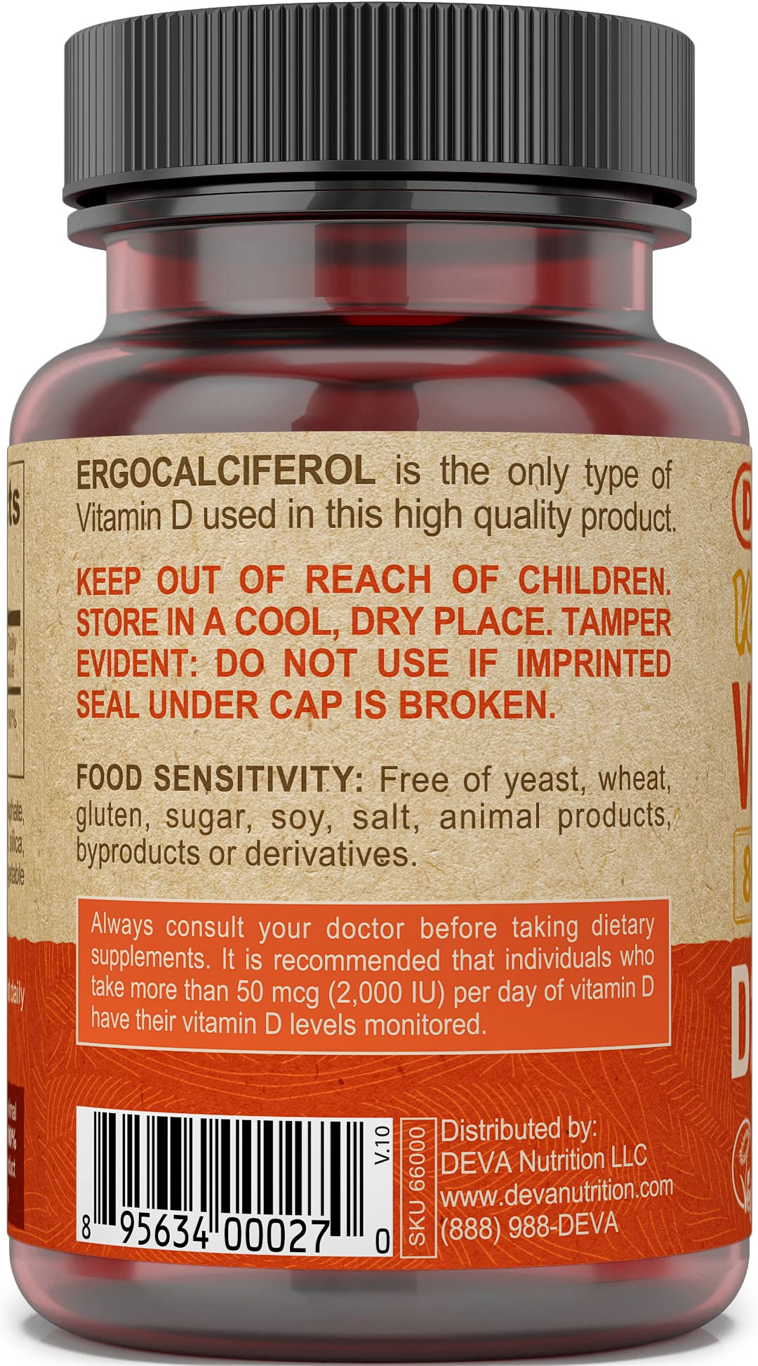 Deva Vegan Vitamin D2 800 IU – Vegan Ergocalciferol Supplement (90 Tablets)