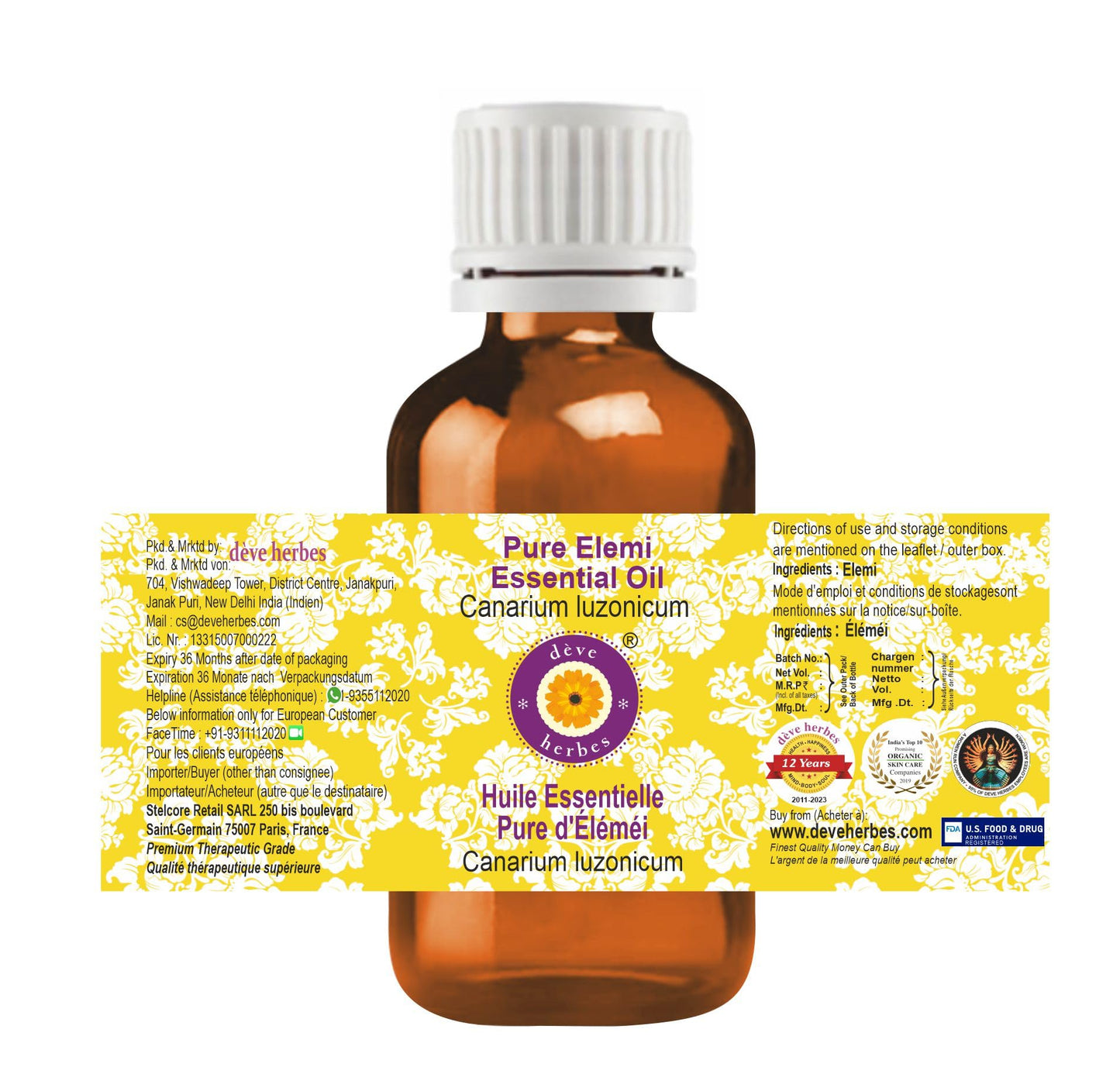 dève herbes Elemi Essential Oil (Canarium luzonicum) – Pure, Steam Distilled 10ml (0.33 oz) | Lightweight, Non-Greasy & Non-Sticky | All Skin Types | Men & Women