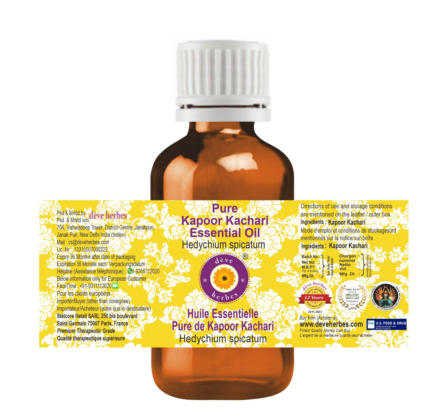 dève herbes Kapoor Kachari Essential Oil (Hedychium spicatum) Pure | Non-Sticky | Non-Greasy | Lightweight | Men & Women | All Skin Types | Steam Distilled 10ml (0.33 oz)