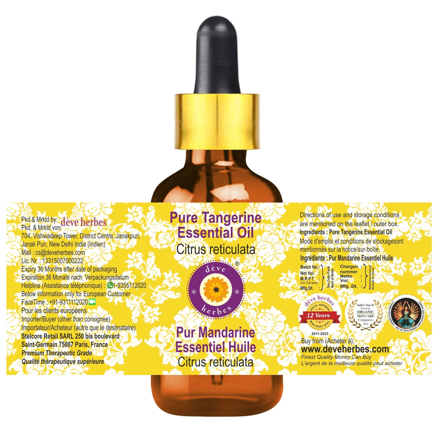 dève herbes Pure Tangerine Essential Oil (Citrus reticulata) – Steam Distilled 15ml with Glass Dropper